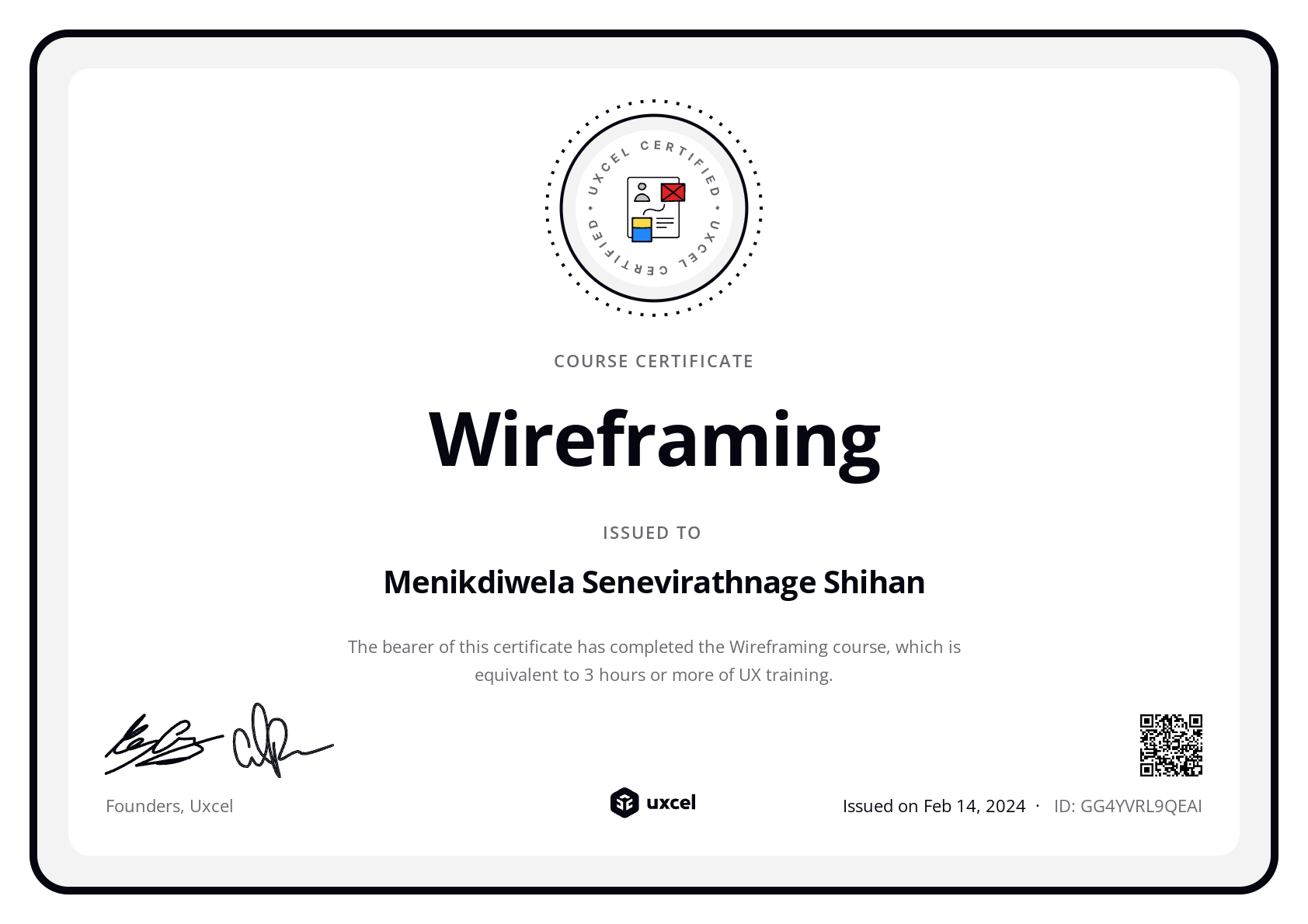 Shihan Menikdiwela's certificate